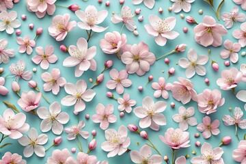 Wall Mural - 3D Seamless Pattern of Light Cherry Blossoms - Beautiful Floral Tileable Design for Elegant Food Photography and Textile Applications