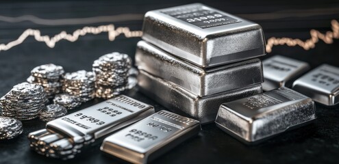 Poster - A collection of silver bars and coins arranged on a dark surface, symbolizing wealth and investment.