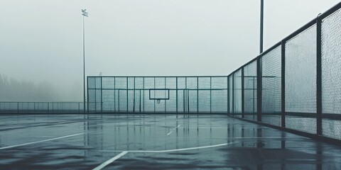 Poster - A foggy basketball court with reflective wet surfaces and surrounding fences.