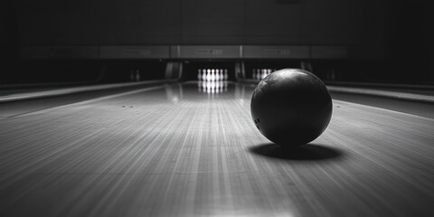 Poster - A bowling ball rolls down a lane towards the pins, captured in black and white.