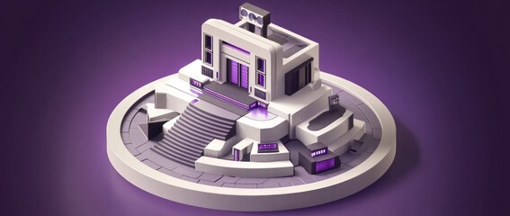 Poster - A stylized, modern building with steps and purple accents on a circular platform.
