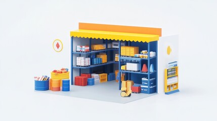Poster - A miniature warehouse scene with shelves, storage, and supplies for organizational purposes.