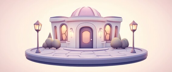 Poster - A whimsical building with a dome, surrounded by lanterns and stylized greenery.