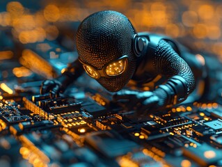 Hacker thwarted by clever digital landscape cyber environment humorous scene close-up view tech humor