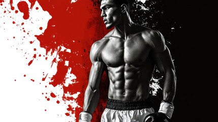Poster - A muscular boxer poses dramatically against a backdrop of splattered colors, emphasizing strength.