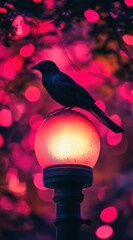 Poster - A bird perched on a glowing lamp post against a vibrant, colorful background.
