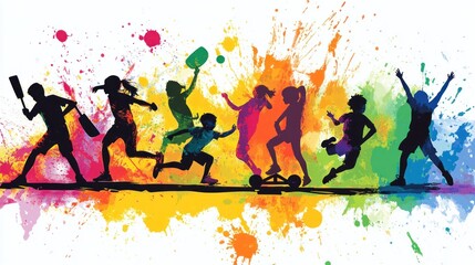 Poster - A colorful silhouette of children engaging in various sports and activities.