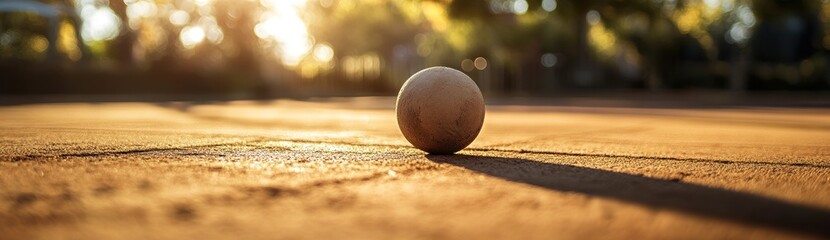 Poster - A close-up view of a ball on a sunlit court, casting shadows on the textured surface.