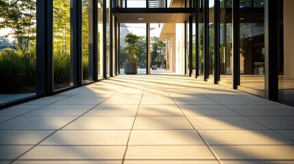 Aufkleber - A sunlit corridor with modern architecture and tiled flooring, surrounded by greenery.