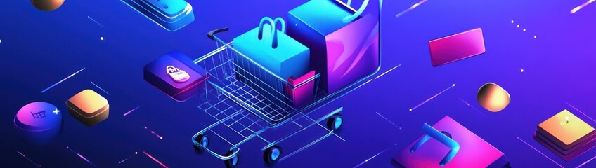 Aufkleber - A digital shopping cart surrounded by various colorful product icons.