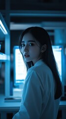 Aufkleber - A young woman in a lab coat looks back in a dimly lit room with computer screens.
