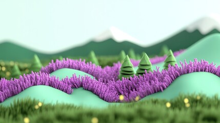 Poster - A colorful, stylized landscape featuring purple vegetation, green hills, and distant mountains.