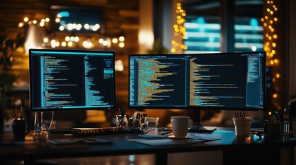 Aufkleber - A workspace with dual monitors displaying code, coffee, and office supplies in a cozy setting.