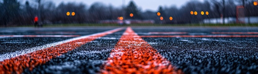 Poster - A close-up view of a sports field with orange lines and a rainy atmosphere.