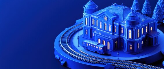 Poster - A stylized blue train station model with a railway track and surrounding trees.
