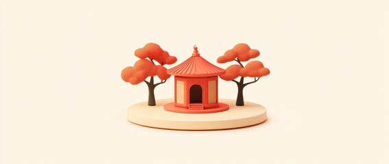 Poster - A stylized pagoda surrounded by trees on a circular base, showcasing a serene environment.