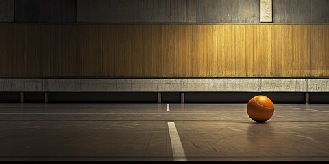 Poster - A solitary basketball rests on a gym floor, illuminated by soft lighting.