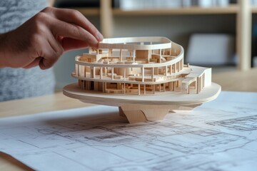 Aufkleber - A hand adjusts a detailed architectural model on a blueprint.