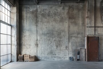 Aufkleber - A minimalist industrial space with a concrete wall and wooden pallets.