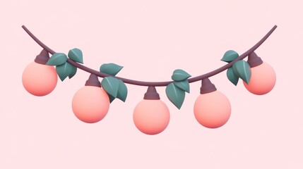Poster - A decorative string of soft pink lights with green leaves against a light pink background.