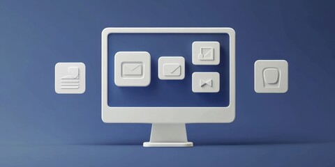 Poster - A computer monitor displaying various white icons representing communication and documents.