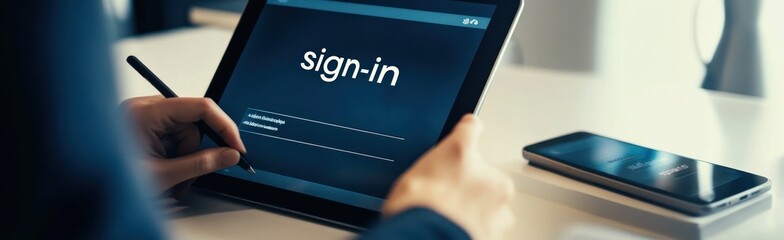 Poster - A person using a tablet to sign in, with a smartphone on a table nearby.