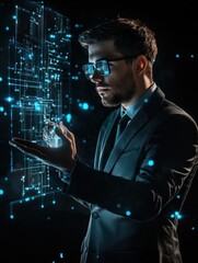 Poster - business, augmented reality, people and future technology concept - businessman in suit working with virtual screens projection over black background