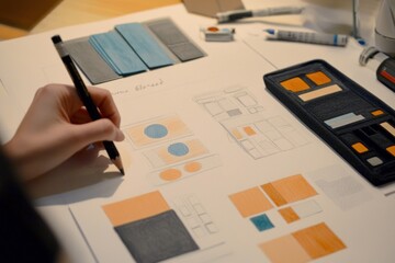 Poster - A person sketches design concepts with colored pencils on a workspace.