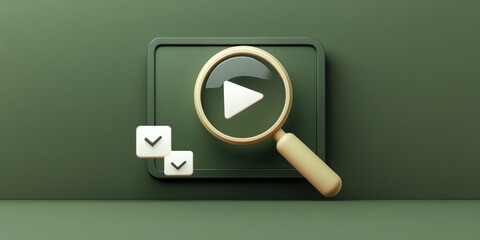 Aufkleber - A magnifying glass over a play button and checkboxes, symbolizing search and selection.
