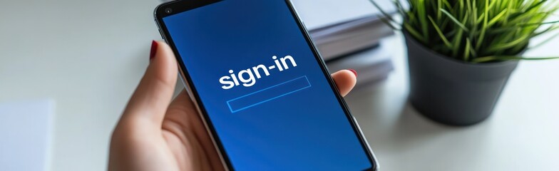 Poster - A hand holding a smartphone displaying a sign-in screen against a desk background.