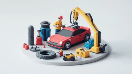 Poster - A miniature scene depicting car repair with tools and figures.