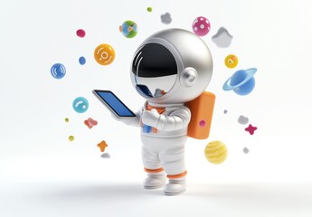 Poster - A cute astronaut holding a tablet surrounded by colorful space-themed icons.