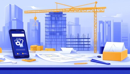 Poster - Digital construction scene with a smartphone, blueprints, and a crane in a cityscape.