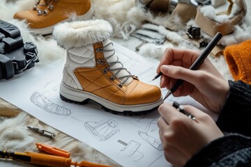 Poster - A designer sketches a winter boot surrounded by materials and design plans.