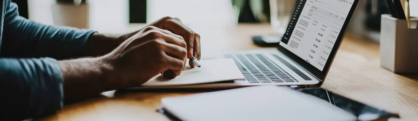 Poster - A person working on a laptop with notes and a document on a wooden desk.