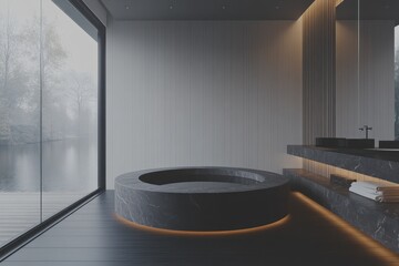 Fototapete - A minimalist bathroom featuring a round stone tub and large windows overlooking a serene view.