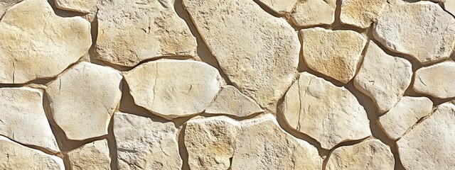 Poster - A textured stone wall composed of irregularly shaped light-colored stones.