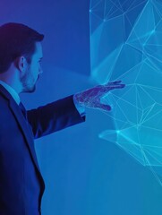 Poster - businessman pointing at polygonal hand on blue background. digital transformation and ai concept