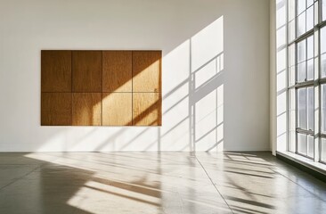 Aufkleber - A minimalist interior with wooden panels and sunlight casting shadows on the floor.