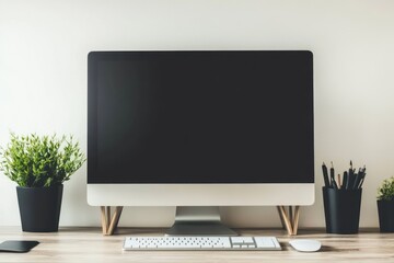 Poster - A minimalist workspace featuring a computer, keyboard, and potted plants.