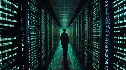 Aufkleber - A Person Walks Through a Server Room Corridor