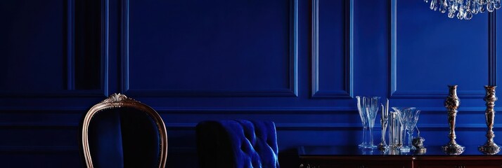 Poster - A luxurious interior featuring deep blue walls, elegant furniture, and decorative glassware.
