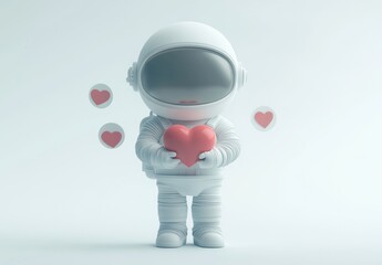 Poster - A cute astronaut character holding a red heart, surrounded by floating hearts.