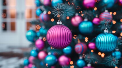 Wall Mural - Colorful ornaments on a festive Christmas tree.
