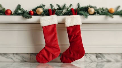 Wall Mural - Festive red stockings hanging by a decorated mantle.