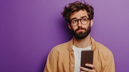 Wall Mural - A man with glasses is holding a cell phone in his hand