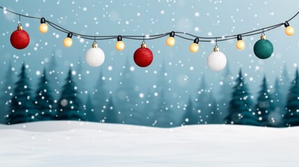 Wall Mural - Festive winter scene with ornaments and snowfall.