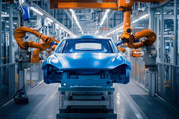 Poster - automobile manufacturing plant, industrial robot painting passenger car blue in paint chamber