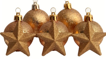 Wall Mural - Five glittery gold Christmas ornaments and a star.