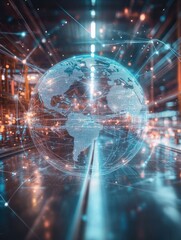 Poster - Creative digital logistics, delivery and transportation hologram with globe and network on blurry warehouse background. Double exposure